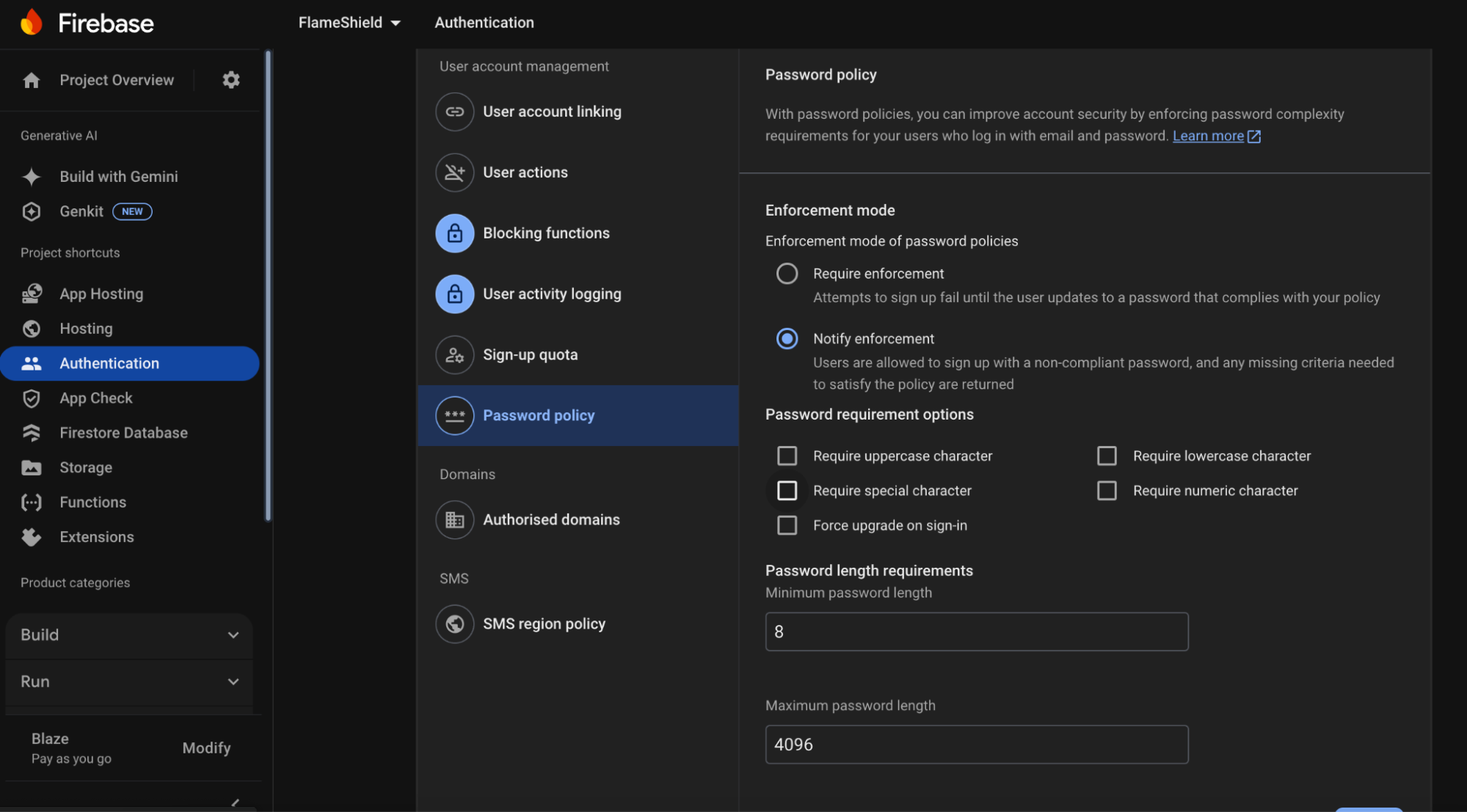 Setting password policy for firebase